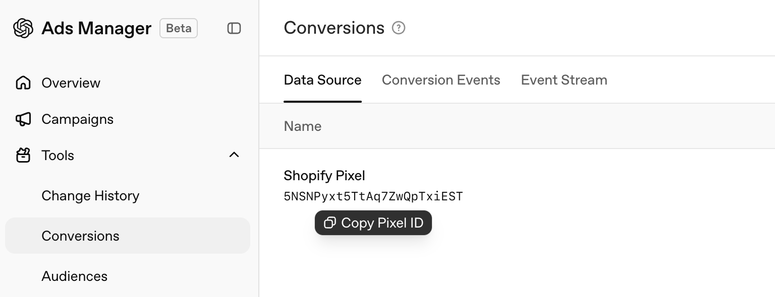 Screenshot showing the ChatGPT Pixel code from ChatGPT and the copy Pixel ID function.