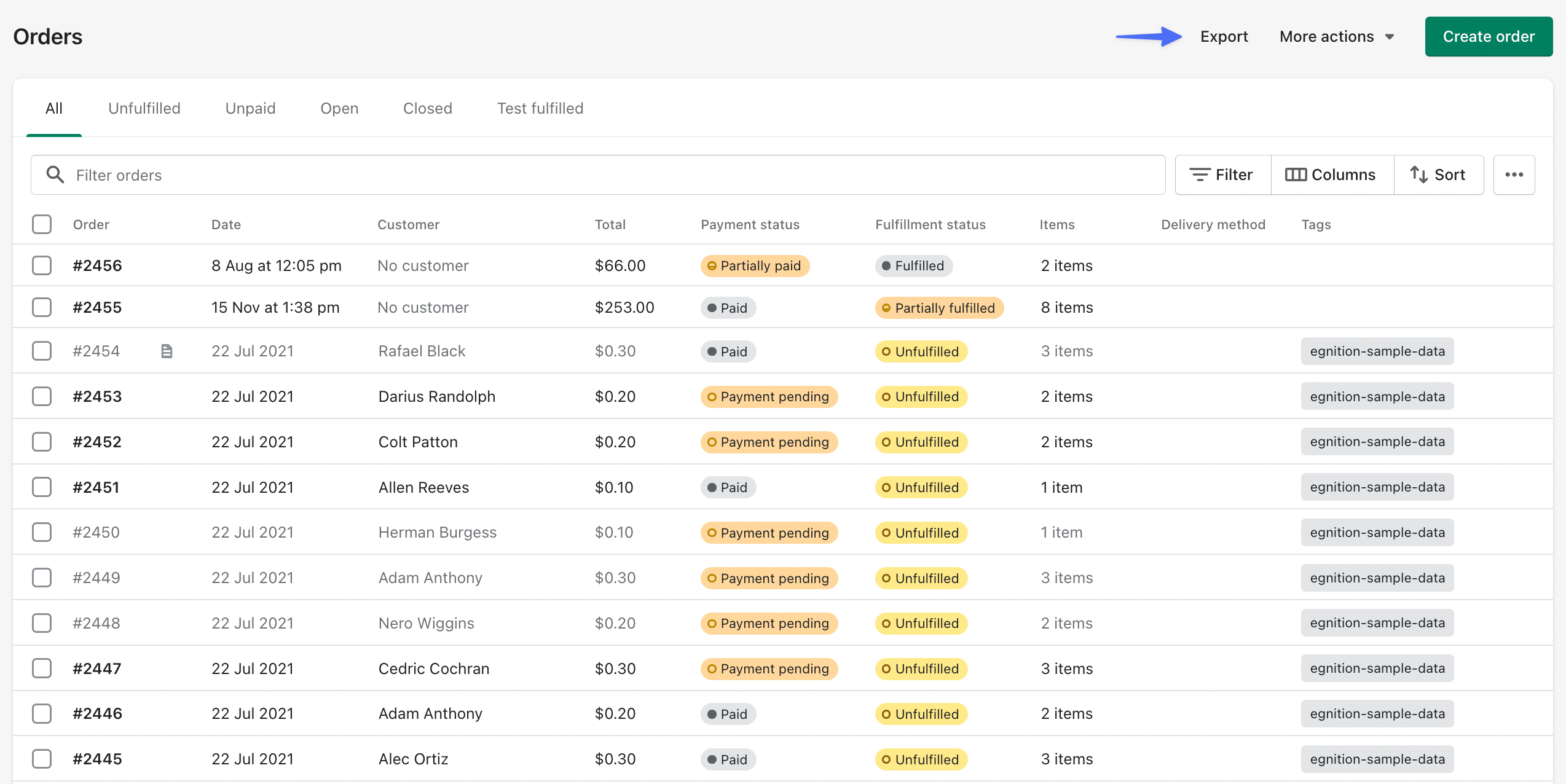 Shopify orders list