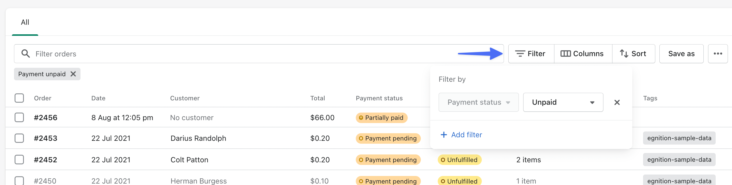 Shopify unpaid orders