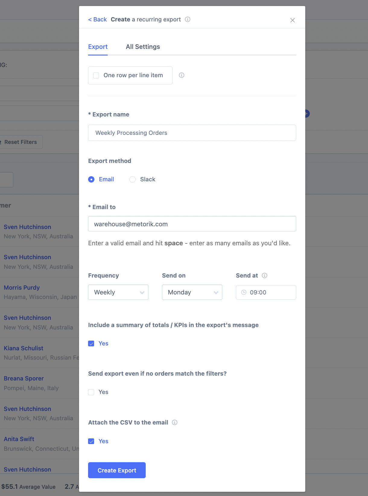 FoodBevBiz automatic recurring export settings