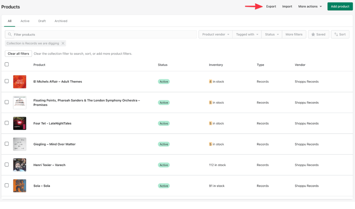 Exporting Shopify collections