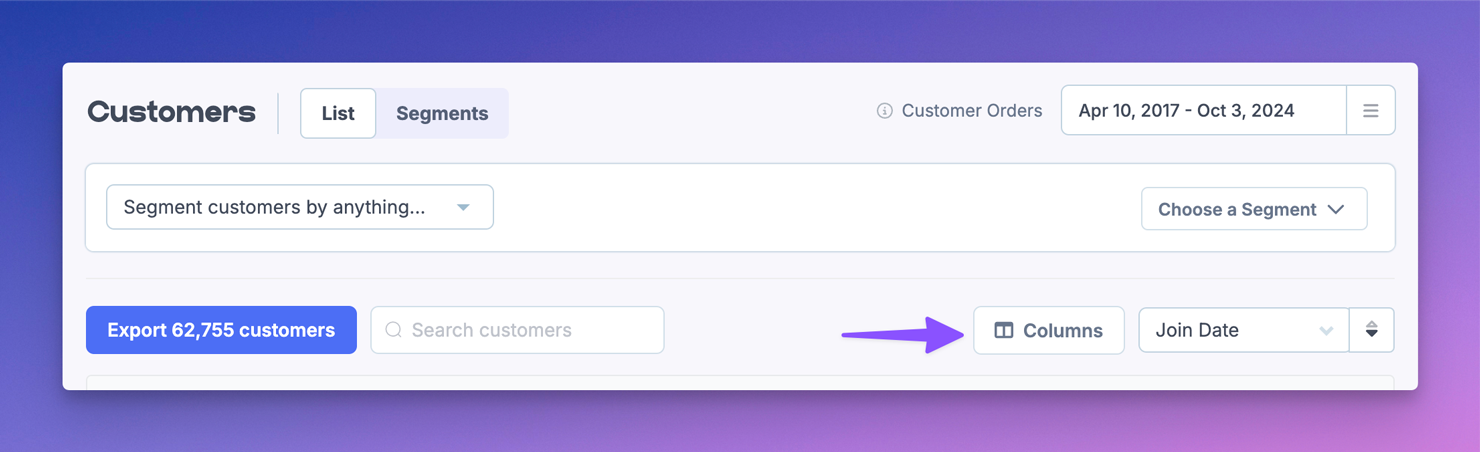 Screenshot showing the Customers table in FoodBevBiz with an arrow pointing to the Columns button used to create a custom Column Set
