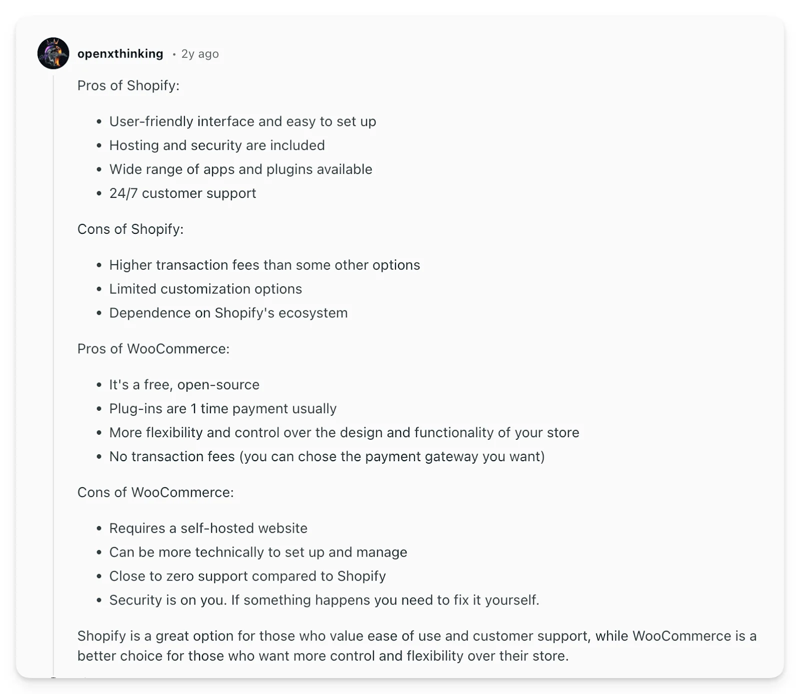 A comment from from Reddit user, openxthinking, on their views of Shopify vs WooCommerce